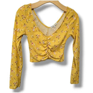 ANTISTAR women's yellow floral front ruched long sleeves Cropped top - small